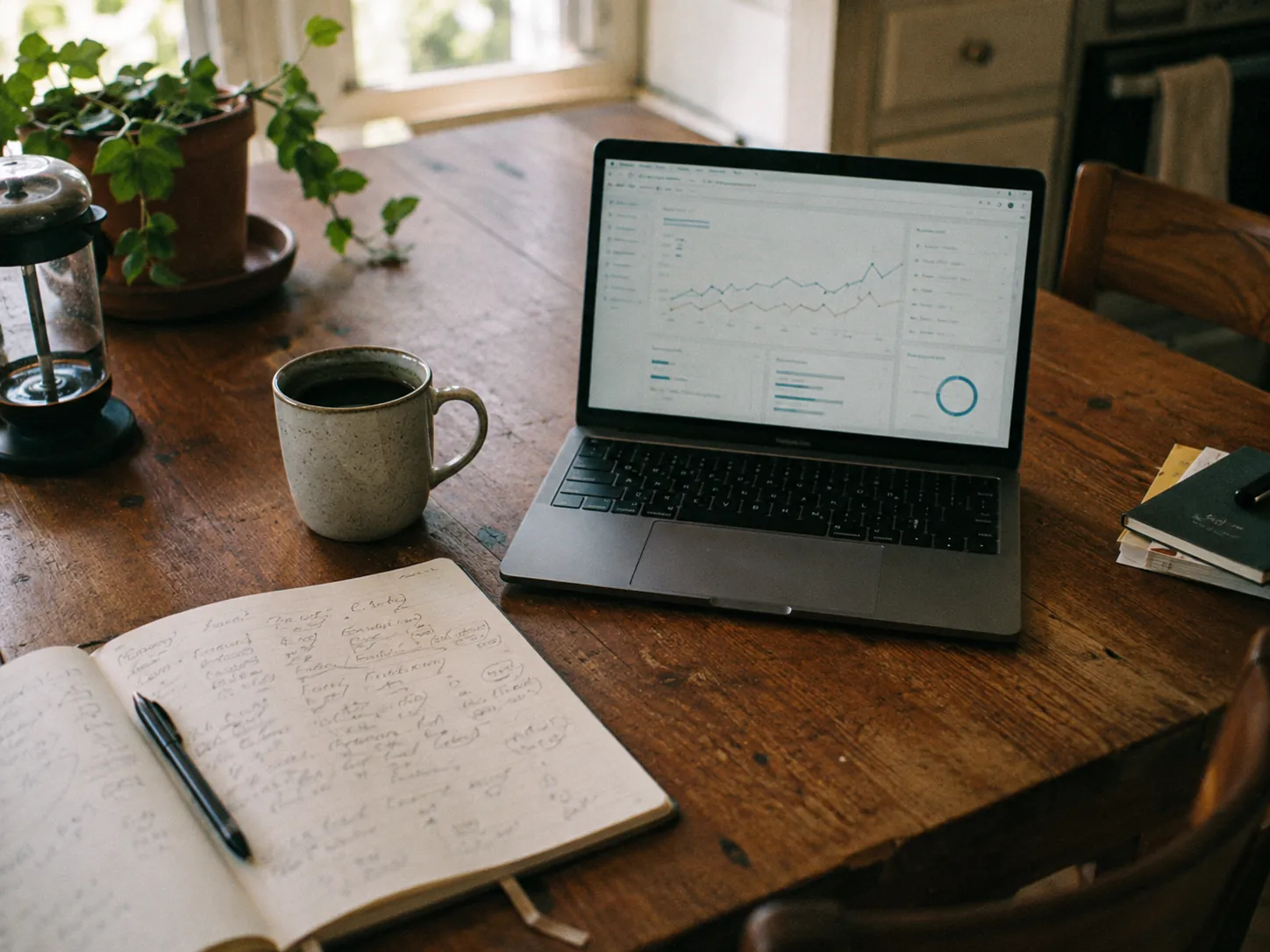 A warm kitchen table with a laptop, a notebook, and coffee